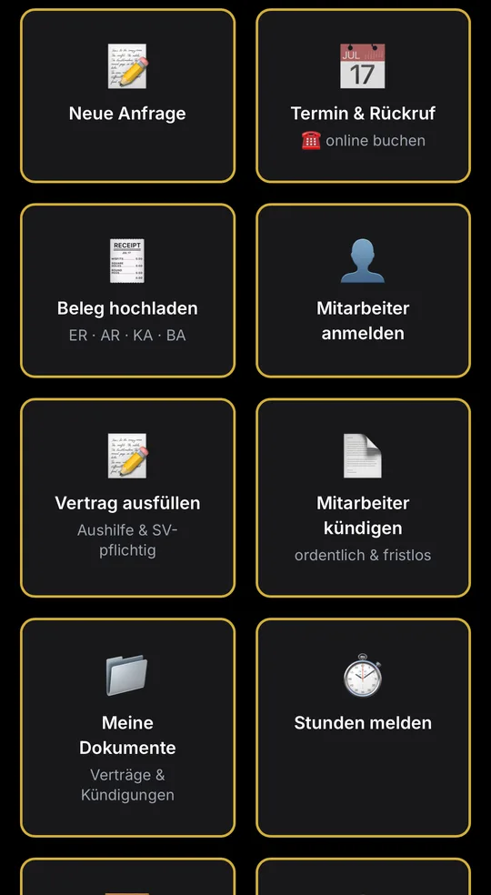 Mandantenportal auf dem Smartphone: Aktionen wie Beleg hochladen, Termin buchen und Mitarbeiter anmelden