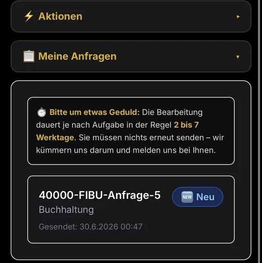Mandantenportal auf dem Smartphone: Liste der eigenen Anfragen mit Status